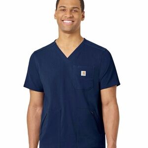 Carhartt Scrub Top Mens Med Blue Ripstop Utility V Neck Short Sleeve Uniform